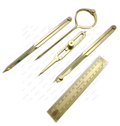 Proportional Divider Set of 5, Full Brass dividers with Executive Wooden Box, Single Handed 8" Brass Navigational Dividers Compass Set for Maritime, Naval, Geometry and Drafting