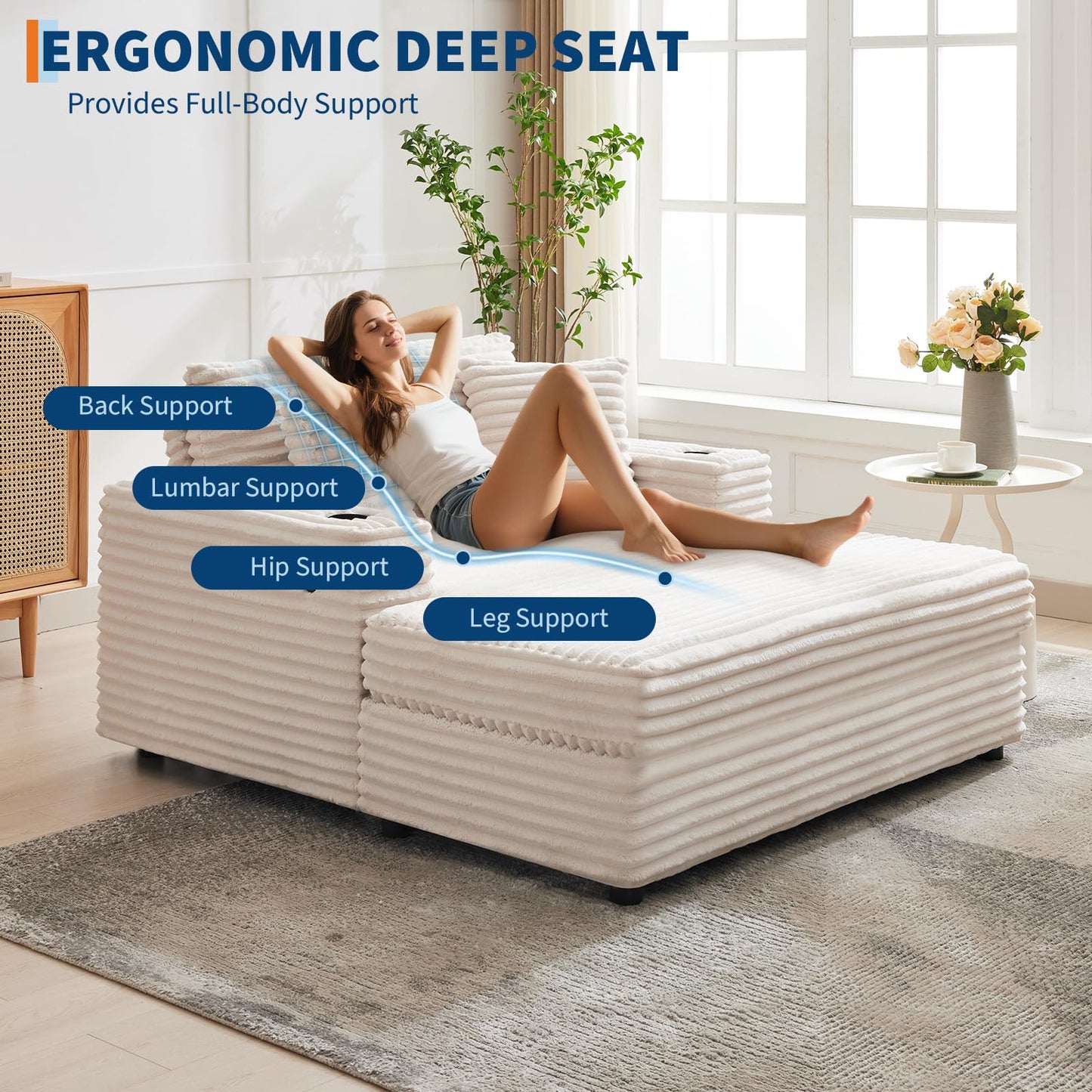 GarveeHome 60-inchOversized Chaise Lounge Chair Indoor, Comfy Corduroy Lounge Sofa with Charging Station, Cup Holders & Throw Pillows, Cozy Sleeper Couch for Living Room Apartments, Beige