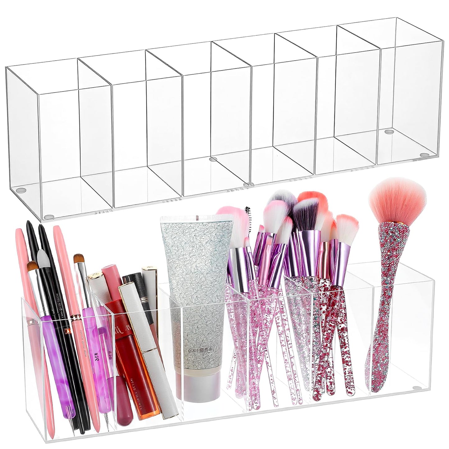 Caeuiciw 2 Pcs Acrylic Pen Holder 6 Compartments Makeup Brush Stationery Organizer Pencil Holder for Accessories Cosmetic Brushes Office Bathroom Kitchen Supplies,Clear