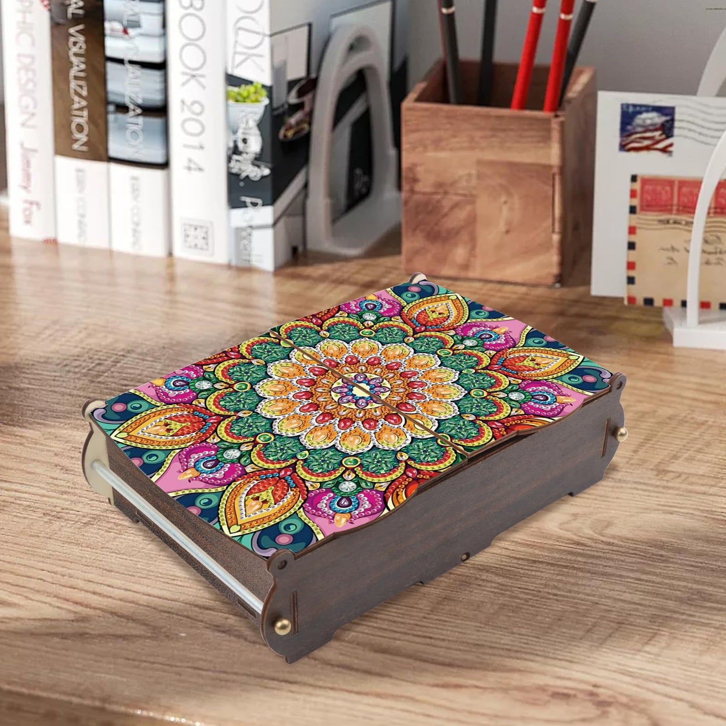 MVVMTOP Diamond Art Painting Kit Wooden Storage Box, Mandala Pattern DIY Special Shaped Diamond Flip Cover Wooden Money Box, Handmade Art Desktop Decorations Birthday Gifts for Friends