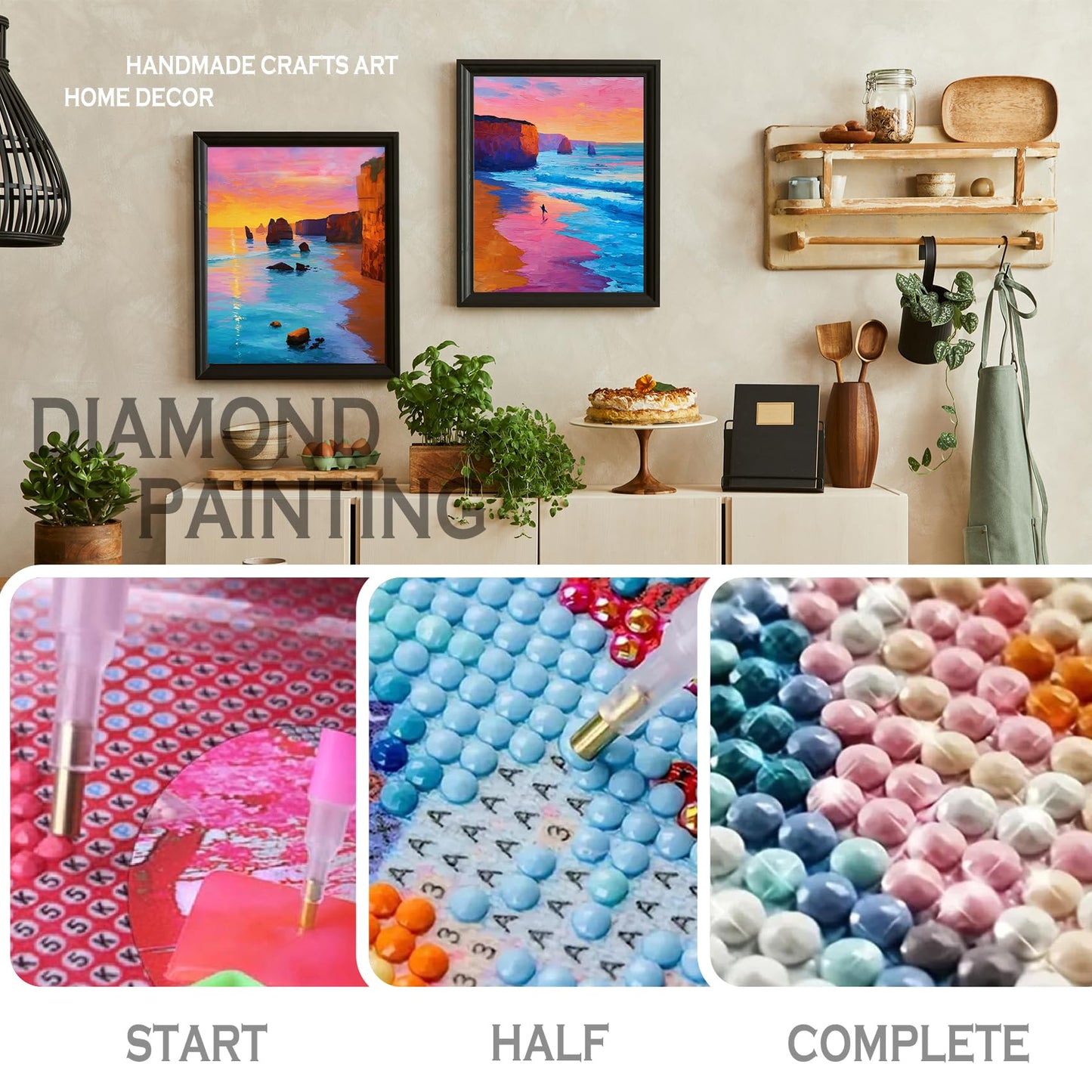 sdfkmlcdl Modern Abstract Ocean Beach Sunset Diamond Art Kits for Adults, Pink Coastal Landscape Full Drill Diamond Painting Kits for Adults Beginners 3 Pack, 9.8x11.8 Inch