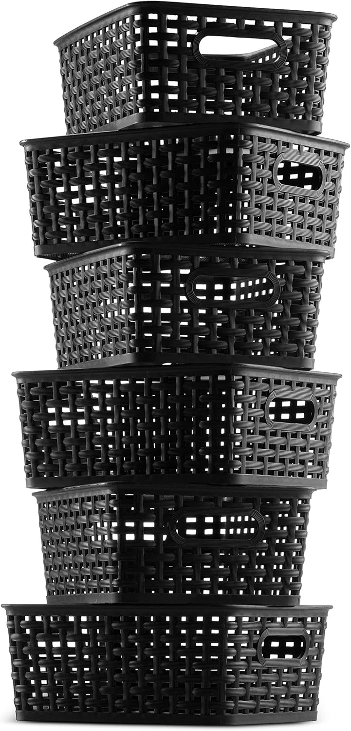 Set of 6 Small Plastic Storage Baskets - Household Organizer Basket Bins with Cutout Handles