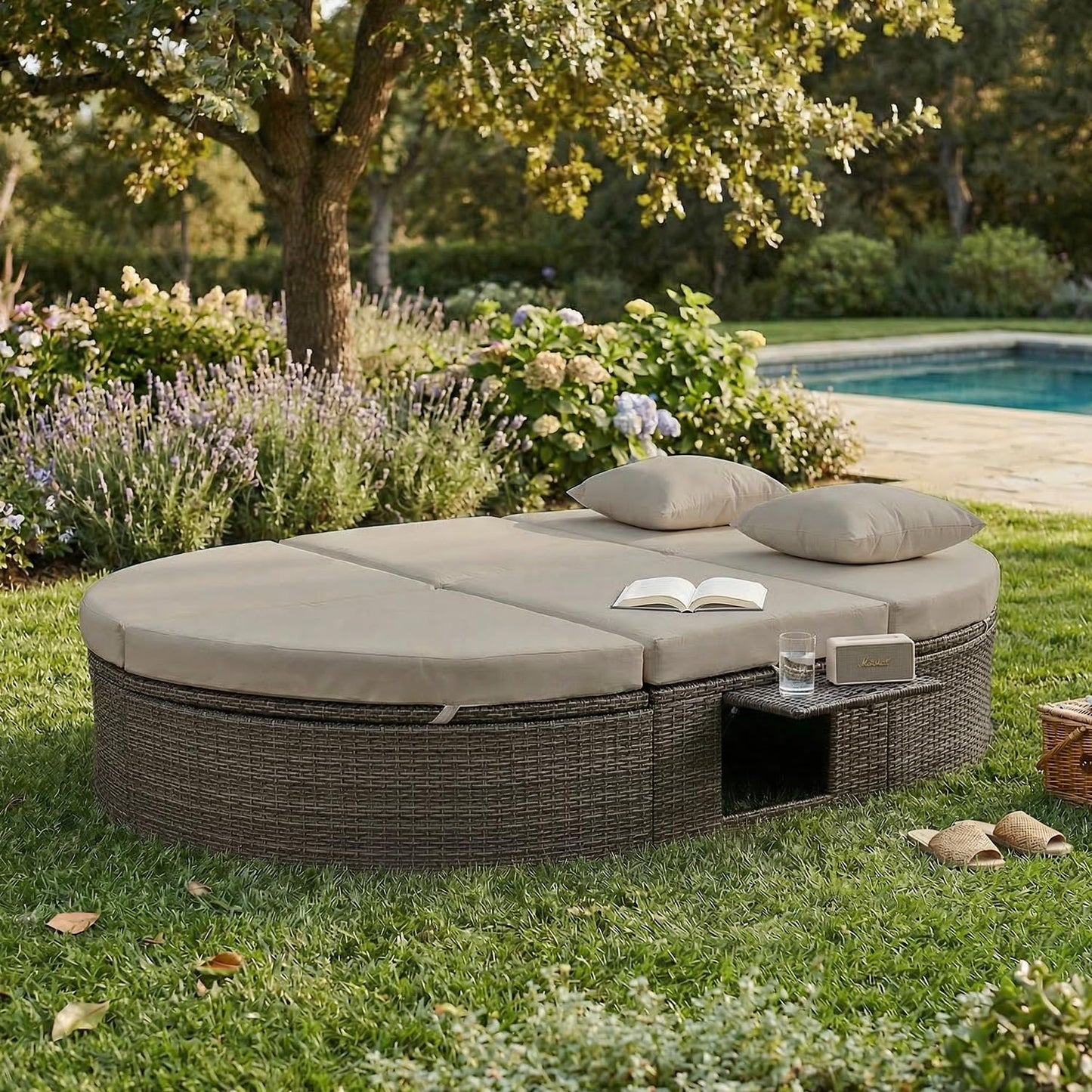 SoarFlash Outdoor Sun Bed Patio 2-Person Daybed, Rattan Sun Day Sofa Bed Reclining Lounger with Adjustable Backrests, Foldable Cup Trays for Lawn Poolside Deck Backyard (Grey)