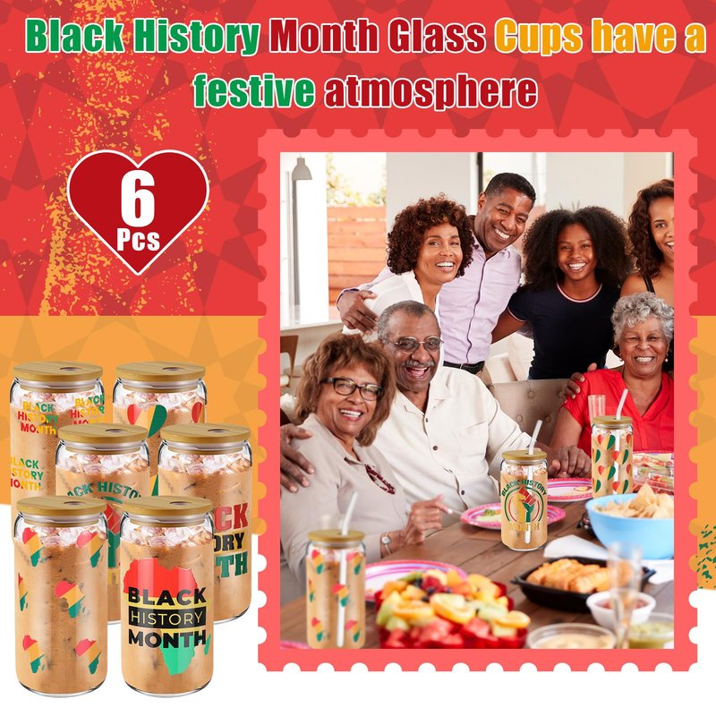 Acellegic 6 Pcs Black History Month Gifts Cups Glass Tumbler with Lids and Straws 16oz African American Bulk Party Favors Reusable Can Shaped Drinking Glasses for Juneteenth Party Supplies