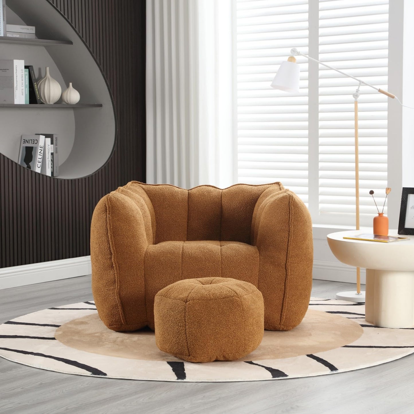 KEIKI Chenille Giant Bean Bag Sleeper Chair with Ottoman, Adults and Kids Lazy Floor Sofa Couch, High Resilient Foam Comfy Reading Chaise Lounge Recliner for Living Room Bedroom, Khaki