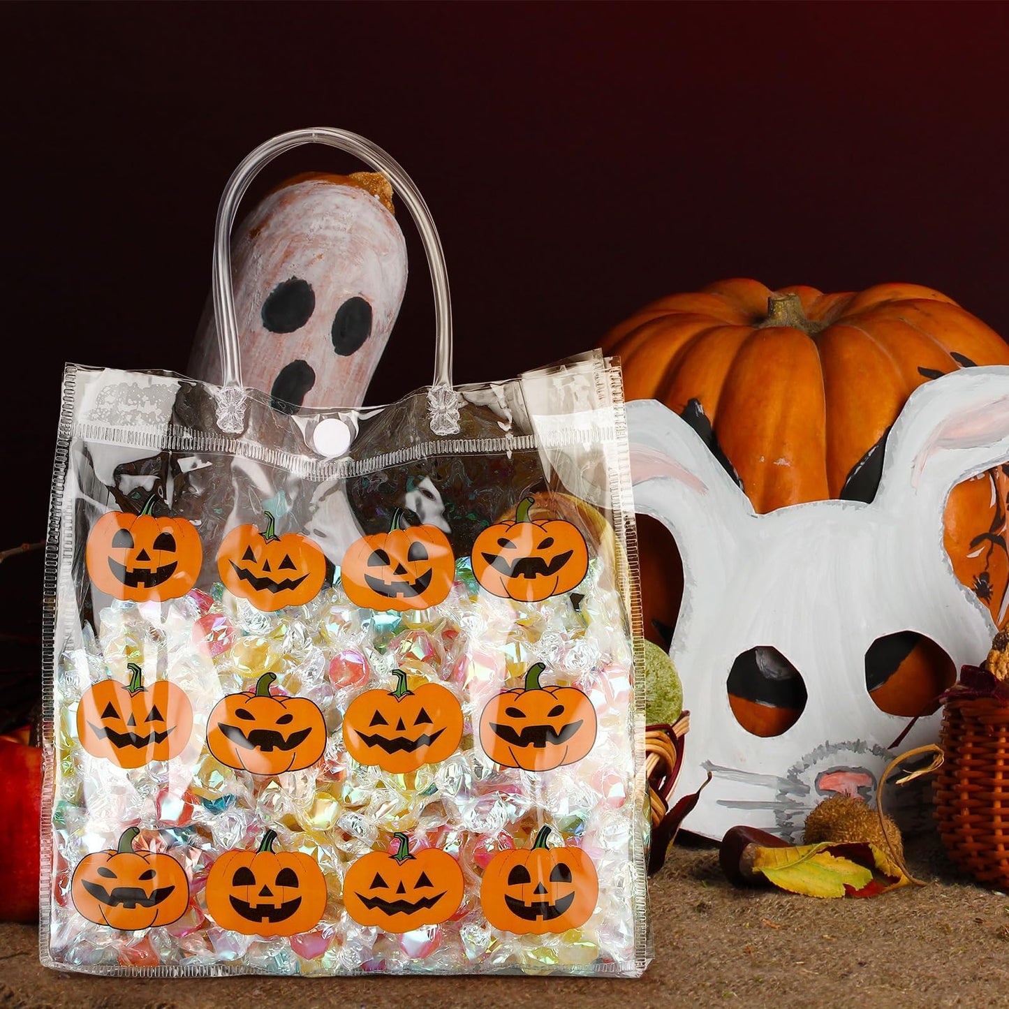 Kosiz 24 Pcs Halloween Clear Gift Bags Pumpkin Goodie Bag Halloween Party Favors PVC Treat Bags Bulk with Handle for Candy, Autumn Thanksgiving Party Supplies