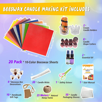 Beeswax Candle Making Kit for Adults & Kids 100% Pure Beeswax Sheet Candle Making Supplies with 20 Colorful Sheets, 8 Press-Out Molds, Glass Candle Holders & Complete Gift Supplies Creative DIY Craft