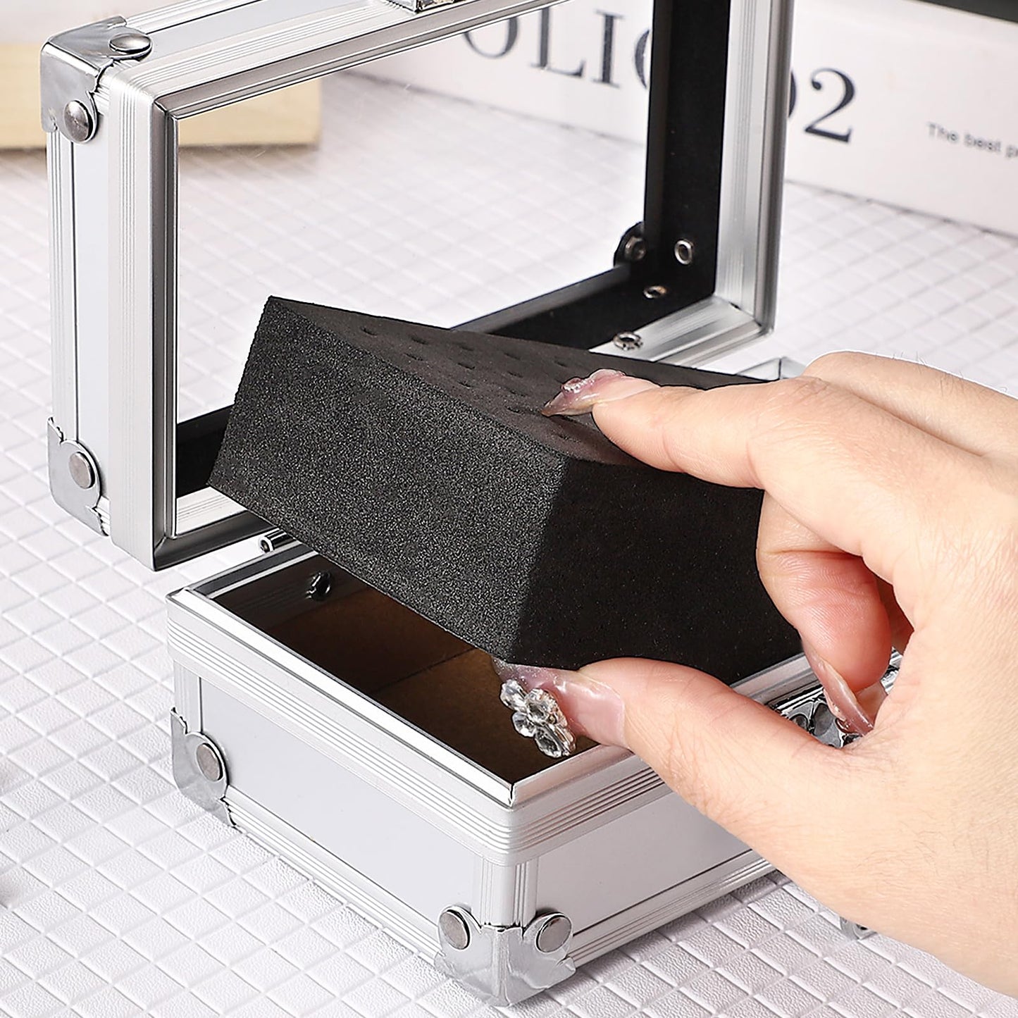 Noverlife 50 Holes Nail Drill Bit Holder Case, Professional Polishing Heads Holder Organizer, Silver Bit Storage Box, Large Display Container for Salon Grinding Head
