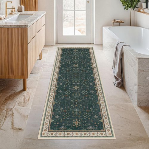 Hazo Haus Dark Green Kitchen Rug - Modern Vintage Boho Floral Design, Washable Non-Slip Runner, 2x6 ft