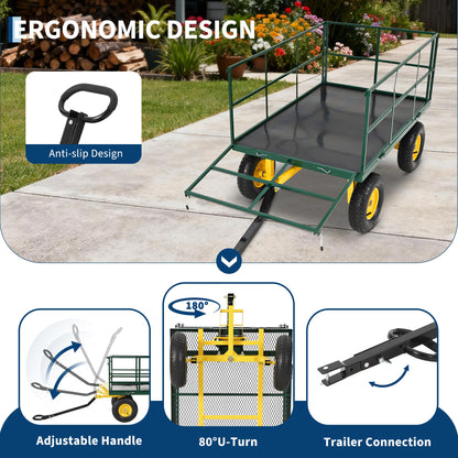 Heavy Duty 1500 Lbs Mesh Steel Garden Cart, Folding Utility Wagon with Removable Sides & All-Terrain Wheels, 3-in-1 ATV Trailer for Garden, Lawn and Farm Hauling