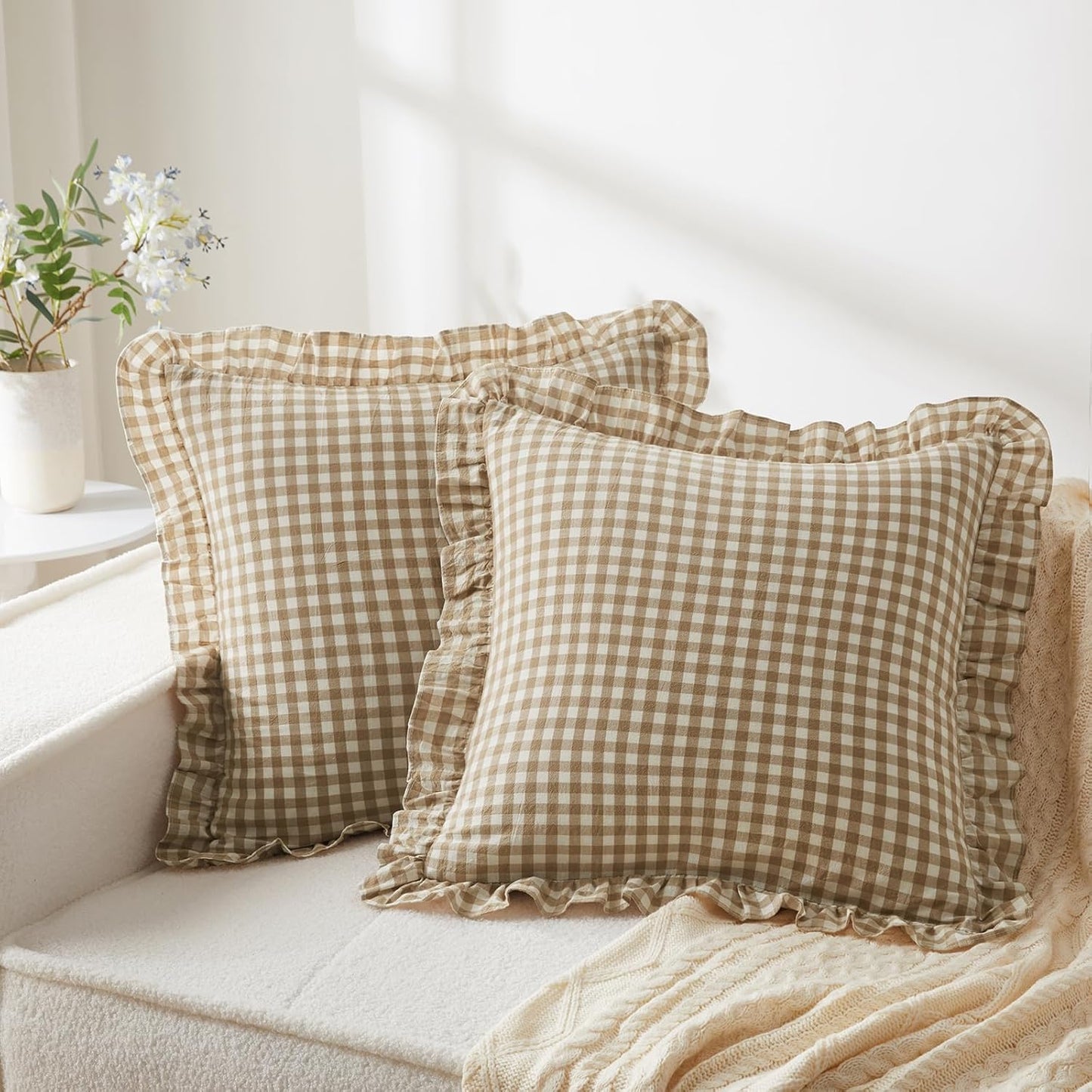 26 26 Inches, Set 2, KKJIAF Ruffle Gingham Pillow Covers x Cotton Plaid Throw Pillow Shams of Linen Feel Ruffled Plaid