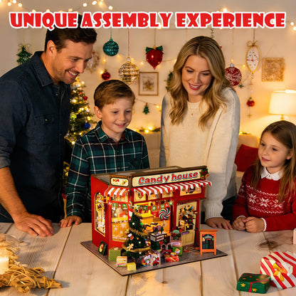 Book Nook Kit, 3D Wooden Puzzles Christmas Candy Shop Miniature House Dollhouse Booknook Mini House Making Kit Bookshelf Decorations Gifts for Family, Friends