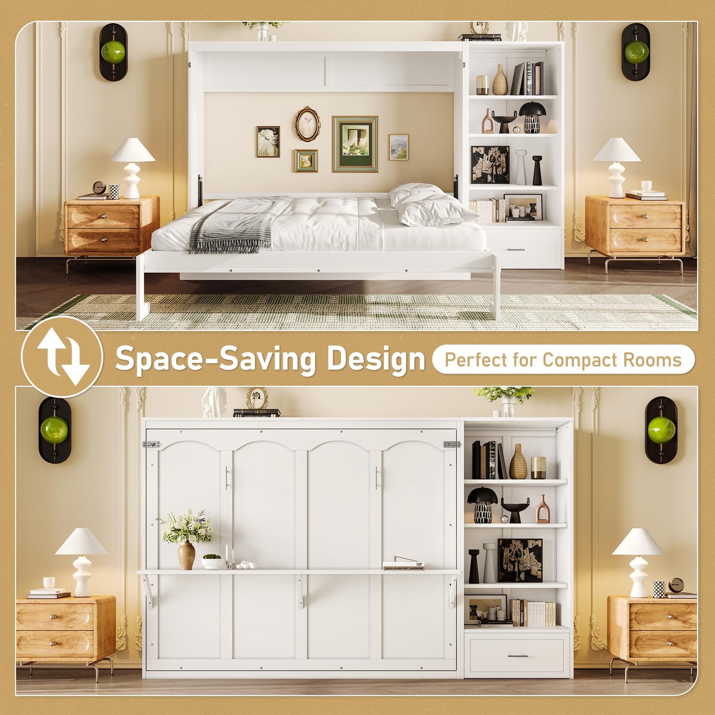 Merax Queen Murphy Bed with 3 Height Adjustable Storage Shelves & 1 Drawer, Wall Bed Frame Multifunctional Foldable Platform Bed for Small Space, Bedroom, Guest Room, Bear 500LBS (White)