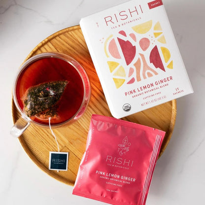 Rishi Tea Pink Lemon Ginger Herbal Tea - Organic, Caffeine Free Sachet Bags, Tangy & Naturally Sweet Botanical Blend, Enjoy Hot or Iced - 15 Count (Pack of 1)