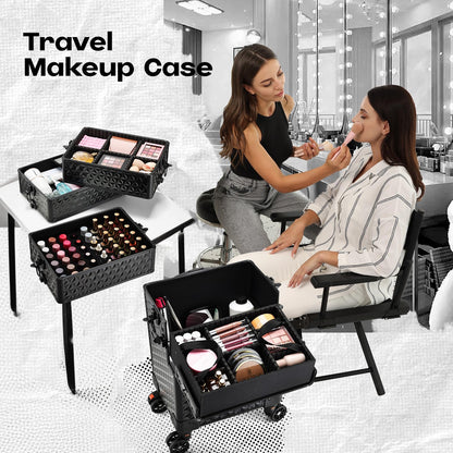 Yueieoun 5 in 1 Makeup Train Case, Cosmetology Case on Wheels Travel Make up Case Rolling Nail Cart Makeup Organizer Cosmetic Storage Box Cases Extra Large Trolley Truck with 360° Swivel Wheels, Black