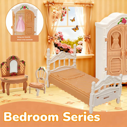 Dollhouse Furniture Set, 38 Pcs Miniature Doll House Accessories with Dogs and Cat ，Kitchen Bedroom Living Room Bathroom Furniture, Toy for Kids Ages 3+ Boys Girls, Great Gift Idea