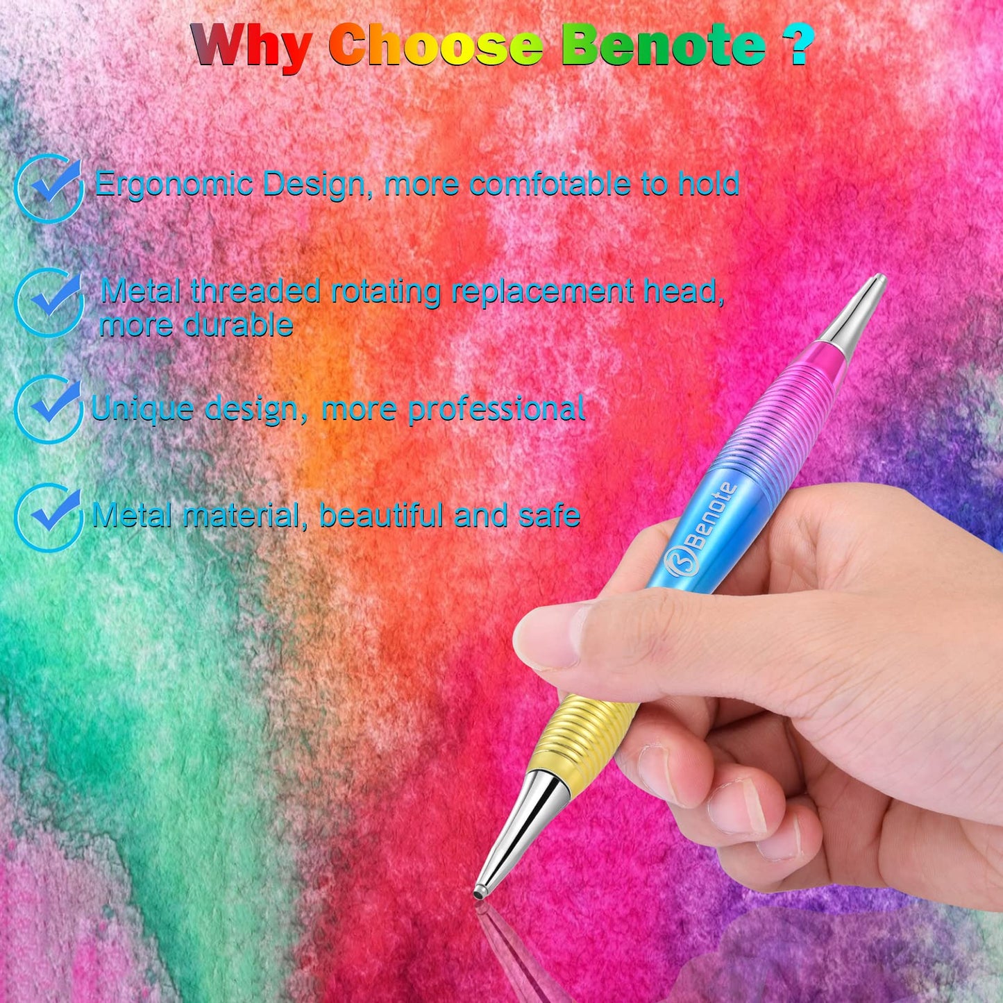 Benote Ergonomic Diamond Art Painting Pen, Metal Diamond Drill Pen Tools 5D Diamond Accessories Painting with Multi Replacement Pen Heads and Wax for DP Cross Stitch - Rainbow
