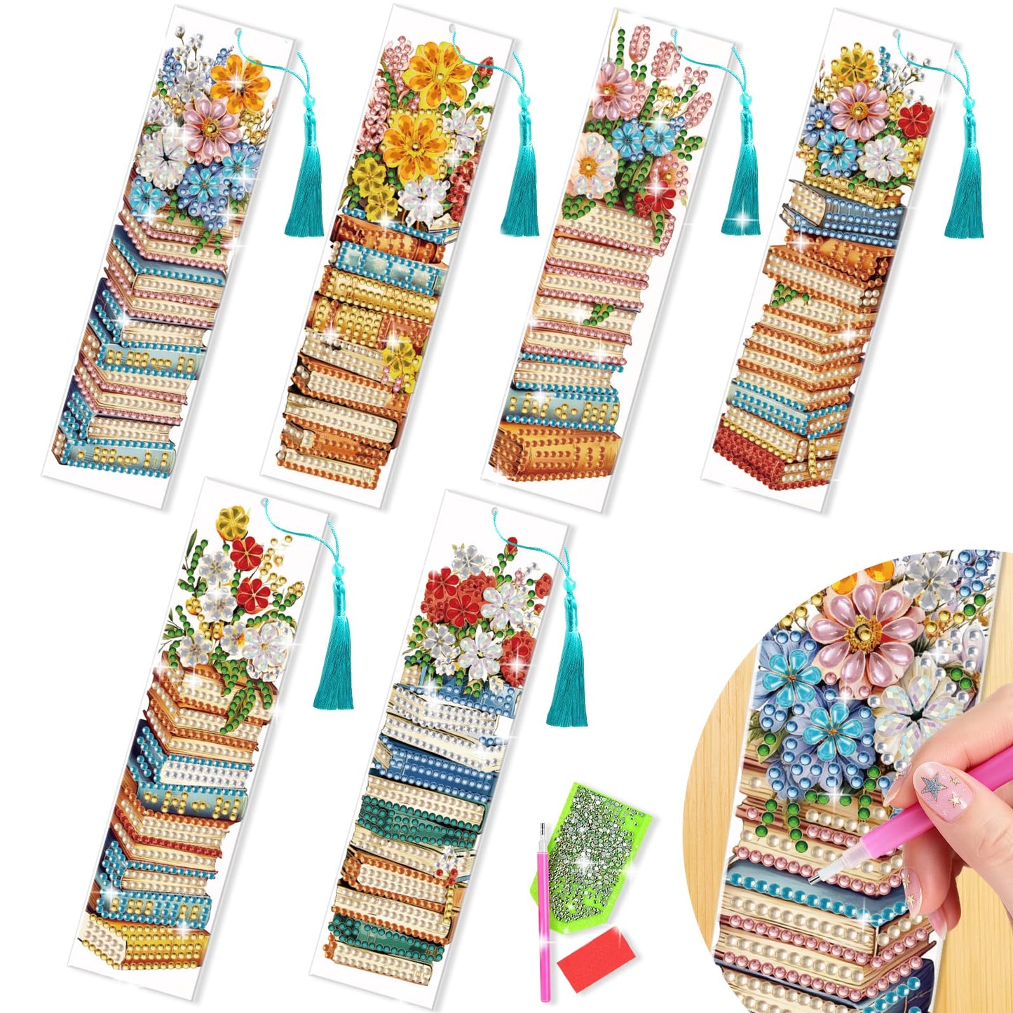 beinkmake 6pcs Diamond Painting Bookmark Set Stack of Books and Flowers Acrylic Bookmarks with Tassels DIY Art Gift for Book Lovers 7.87x1.97 Inches