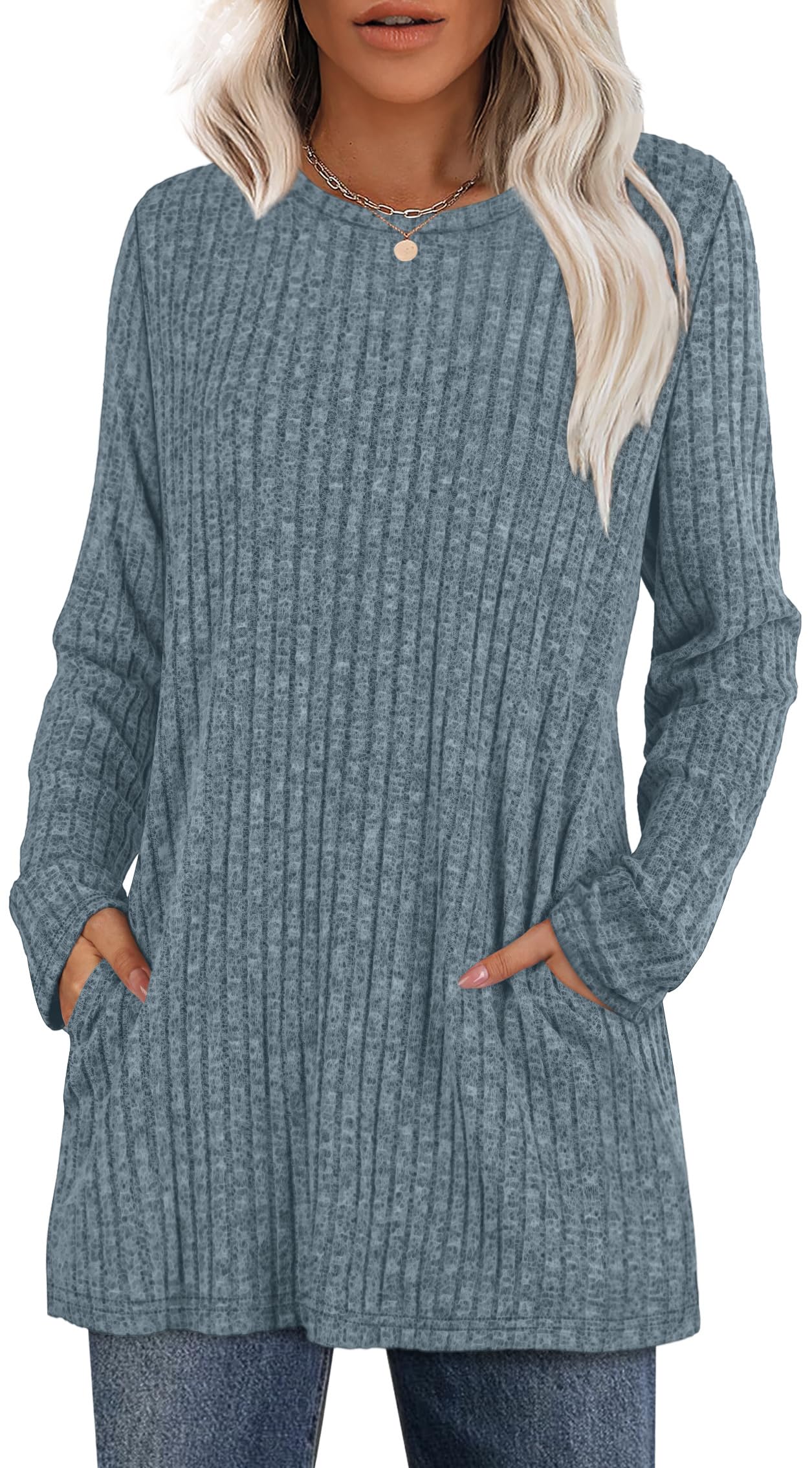 XIEERDUO Long Sleeve Shirts for Women Crewneck Tunic Tops Loose Fit Dressy Womens Sweaters with Pockets Fall Fashion 2025