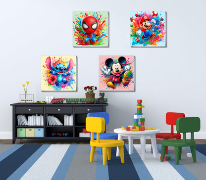 Fuinkqe 4 Packs Cartoon Paint by Numbers Kits for Kids Framed,Paint by Numbers for Kids Ages 8-12 with Framed Canvas,DIY Easy Painting Kits with Wooden Easel for Home Wall Decor 8X8 Inch