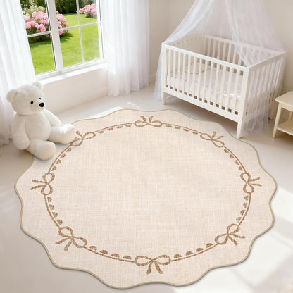 5ft GarveeHome Scalloped Bow Rug for Living Room, Round Rugs Washable Solid Beige Rug for Dorm Soft Low Pile Non Slip