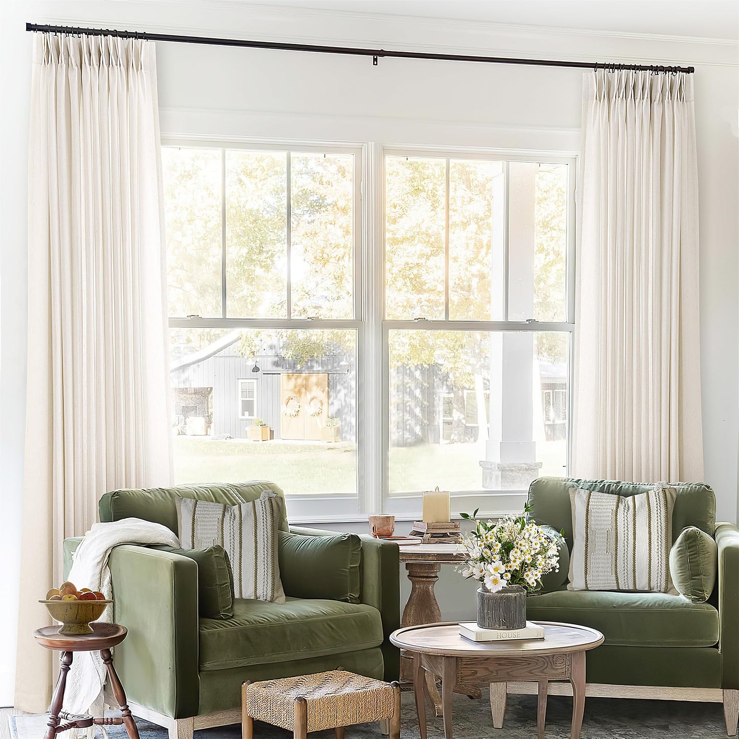 Pinch Pleated Linen Curtains 102 Inch long Memory Shape Training Pleat Drape with Hooks Rings Back Tab for Living Room Patio Glass Door Modern Neutral Cream Ivory Birch Semi Sheer 102 Inch Curtain