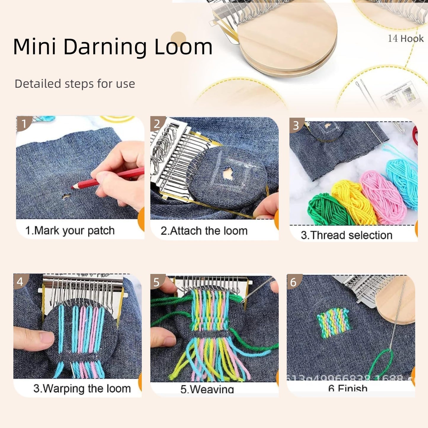 Knit kit Patch Loom, Mushroom Knit Kit Patch with 14 Hooks 16 PCS Large Eye Needles 100 Color Threads for Handcraft DIY Weaving Repair Tool Darning Kit for Beginners Mending Jeans Socks