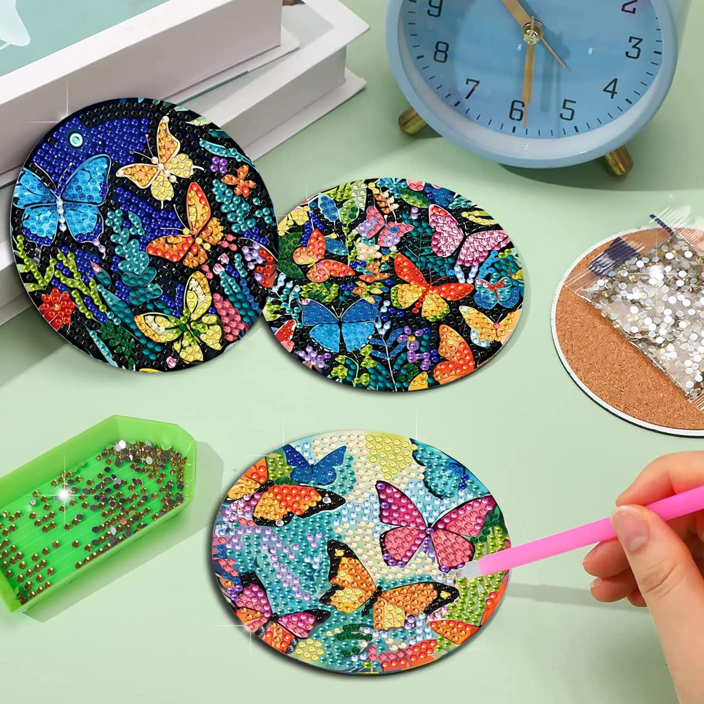 EWJRNSF 8 PCS Diamond Art Coasters Kit, Small Diamond Painting Coasters, Butterfly Diamond Art Kits for Adults Beginners, Arts and Crafts Supplies Item Sets with Holder
