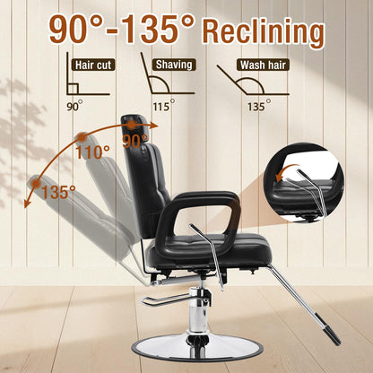 Barber Reclining Chair with Headrest - Heavy Duty Hydraulic Pump Height Adjustable,360°Swivel ,Max Load Weight 440 Lbs,Beauty Salon Spa,Barbershop,Hairdresser Cutting,Styling Stylist,Braiding,Black