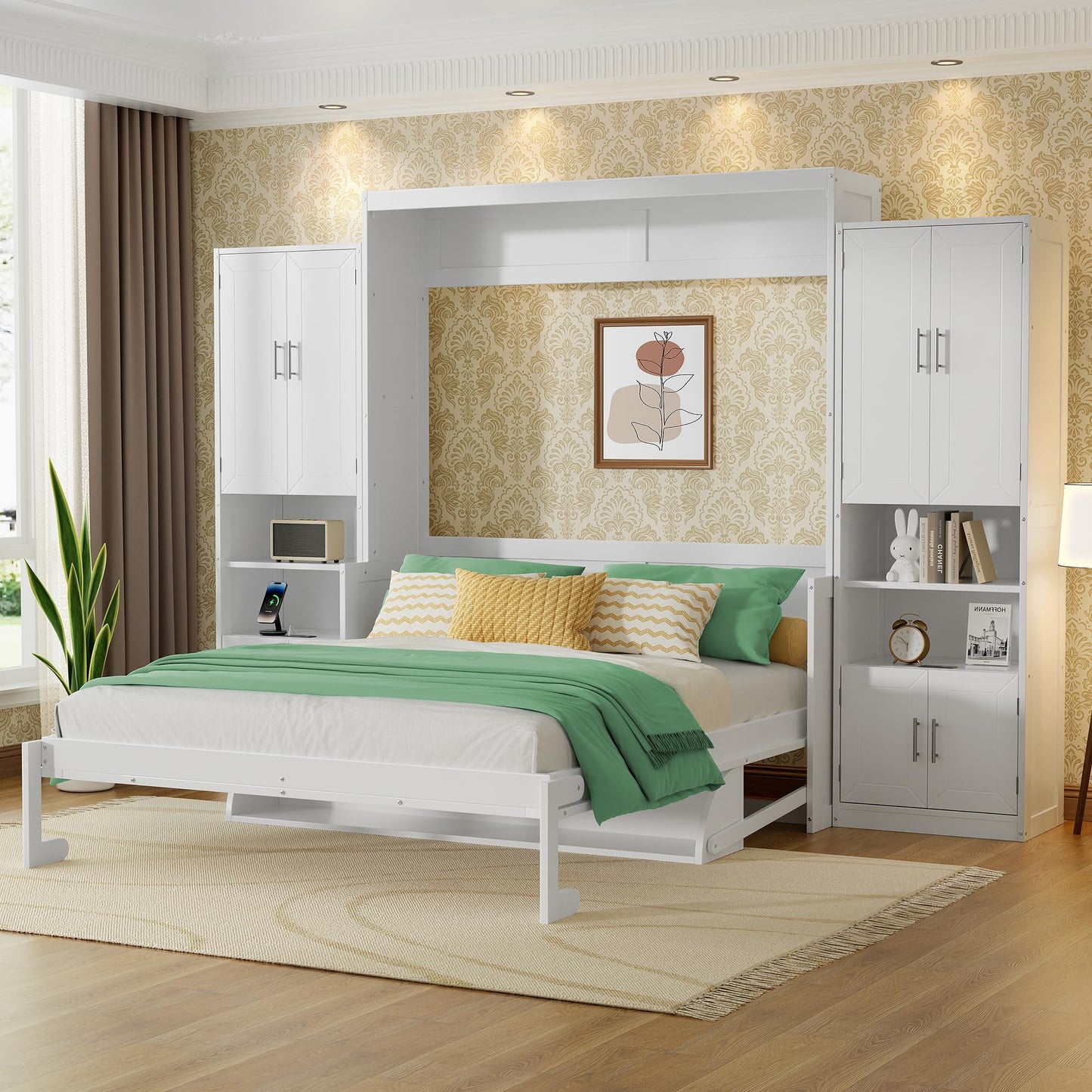 PVWIIK Queen Size Murphy Bed with Storage Drawers & Desk,Wall Bed Frame Folding into Cabinet Design w/Charging Station & Storage Shelf for Small Space,Bedroom,Guest Room,White