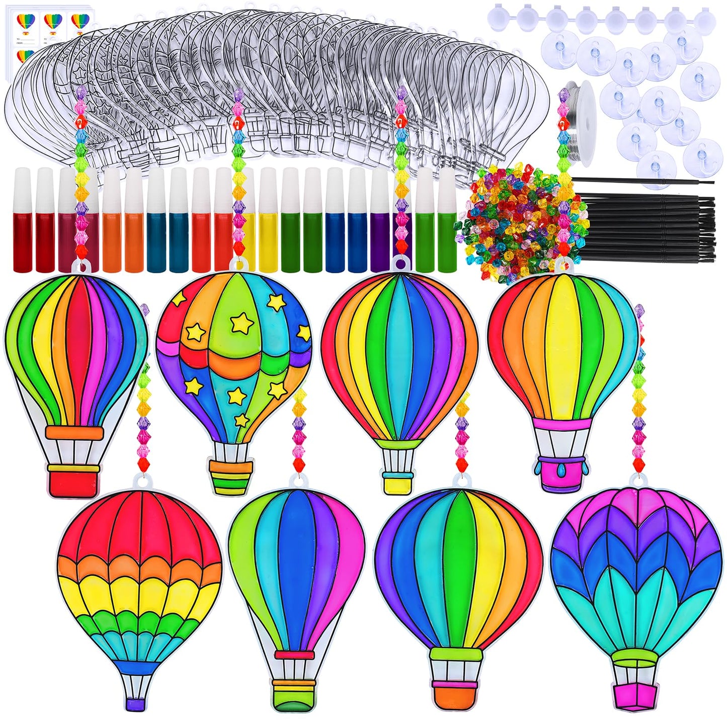 Winlyn 24 Sets Hot Air Balloon Suncatchers Decorations DIY Window Paint Art Craft Kits Rainbow Hot Air Balloon Painting Kit for Kids Classroom Activities Birthday Summer Camping Party Art Project