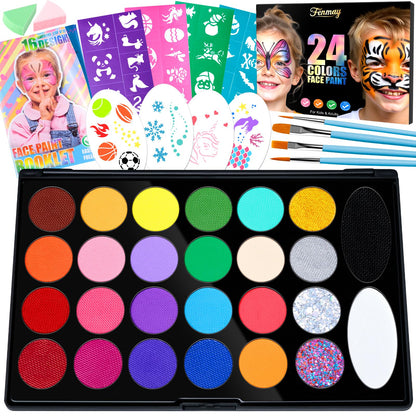 Fenmay Face Painting Kit for Kids, Non-Toxic and Hypoallergenic Face Paint Makeup Kit| with Stencils, Book, Easy to Use and Safe for Kids, Fun for Halloween, Birthday Party, School Event