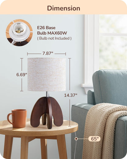 EDISHINE 14.17" Small Table Lamp, Integrated Four-Legged Wooden Bedside Lamp Base, Beige Linen Lampshade, E26, Modern Nightstand Lamp for Nursery, Bedroom, End Table, ON/Off Switch