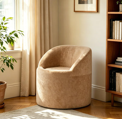 Barrel Accent Chair, Modern Chenille Reading Chair with Ergonomic Curved Back, Round Supportive Armchair for Living Room, Bedroom, Reading Corner & Office, No Assembly Required, Camel