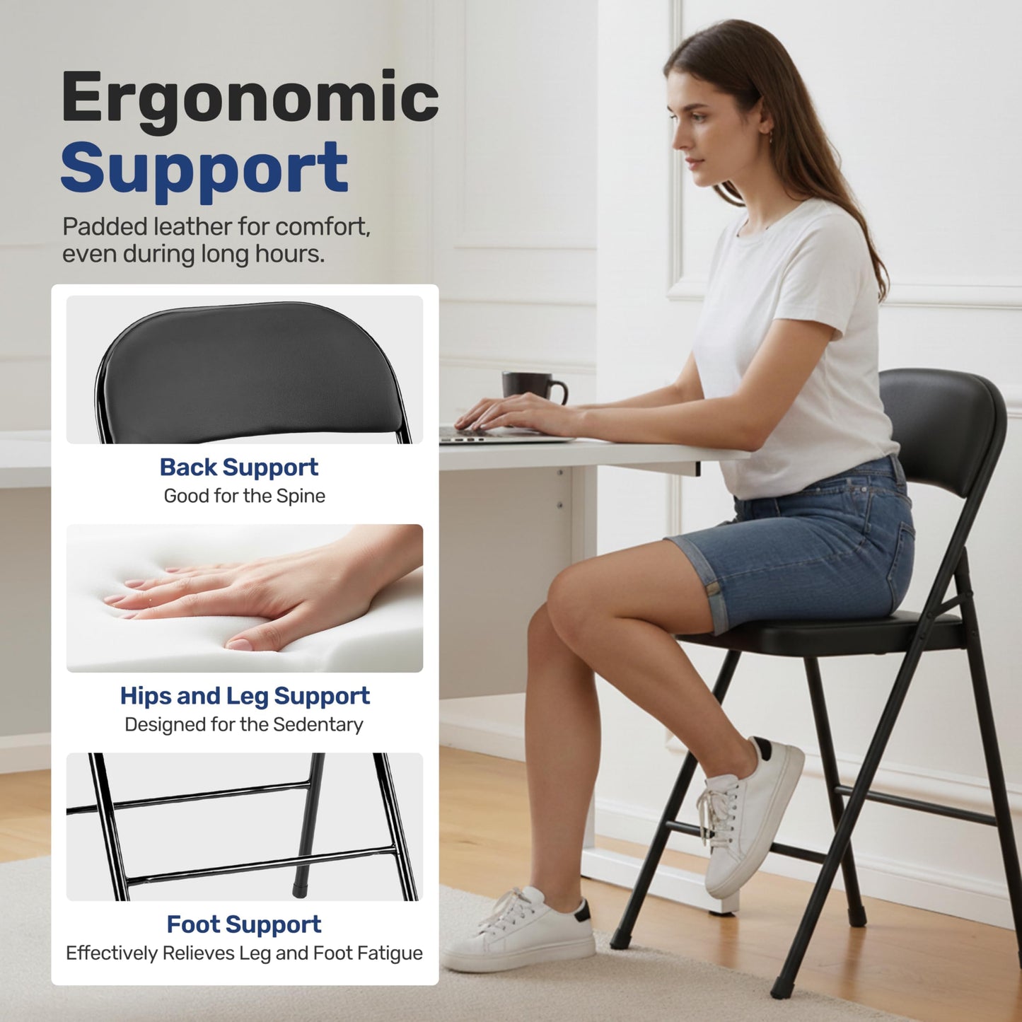 Simple Deluxe Dining Chairs Set of 4, Leather Cushion Foldable Contemporary Kitchen Side Chair with Padded Back & Sturdy Metal Legs, Upholstered Seat for Home/Living Room/Bedroom/Cafe, Black