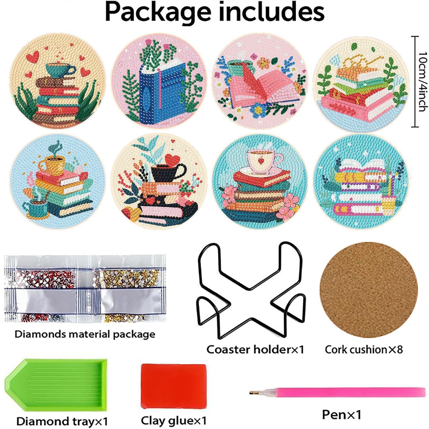 8 Pcs Book Diamond Art Coasters Kit for Adults, Book Lovers Wooden Coffee Diamond Painting Coasters with Holder, 5D Gem Art Dots Painting Coaster with Cork Pads - Crafts Supplies for Home Decor