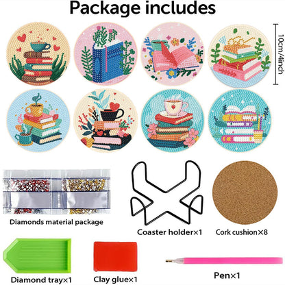 8 Pcs Book Diamond Art Coasters Kit for Adults, Book Lovers Wooden Coffee Diamond Painting Coasters with Holder, 5D Gem Art Dots Painting Coaster with Cork Pads - Crafts Supplies for Home Decor