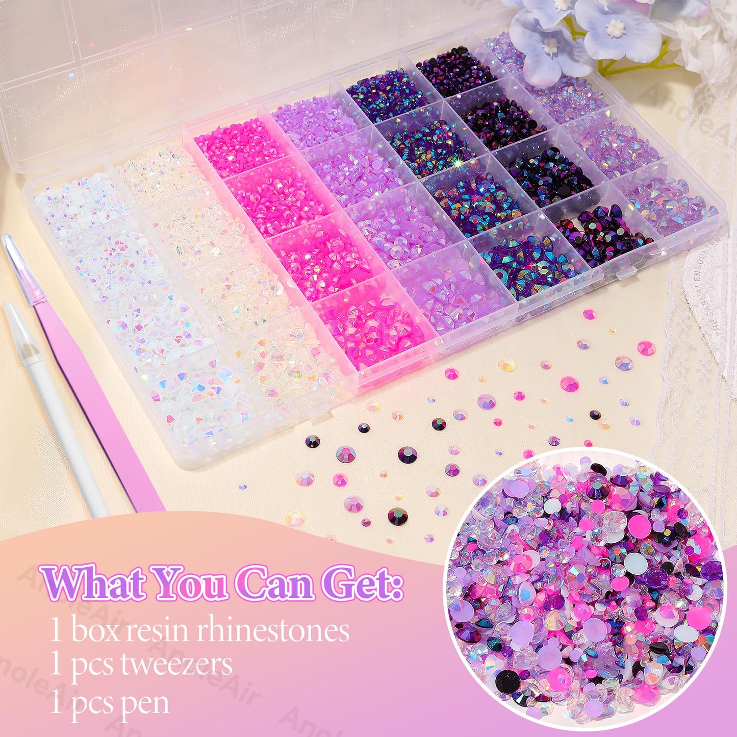 22000Pcs Pink Purple Rhinestones for Bedazzling, Jelly Resin Gem Rhinestones3-5mm, Purple Gems Bedazzling Kit for Crafting, Flatback Color Gems for Nails Face Makeup Tumblers
