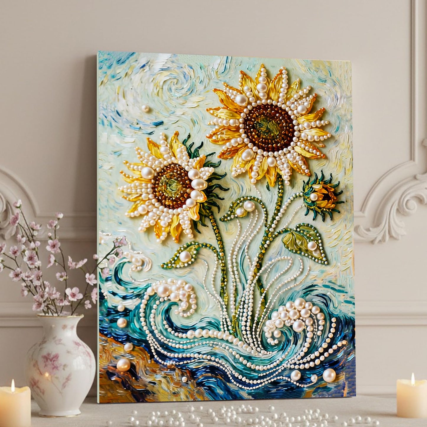 DIY Diamond Pearl Painting Kit for Adults, Sunflower 3D Pearl Painting Craft with Wooden Frame 15.75x19.69 inch, Beginner Friendly Home Wall Decor Art, Gift for Women Men Housewarming