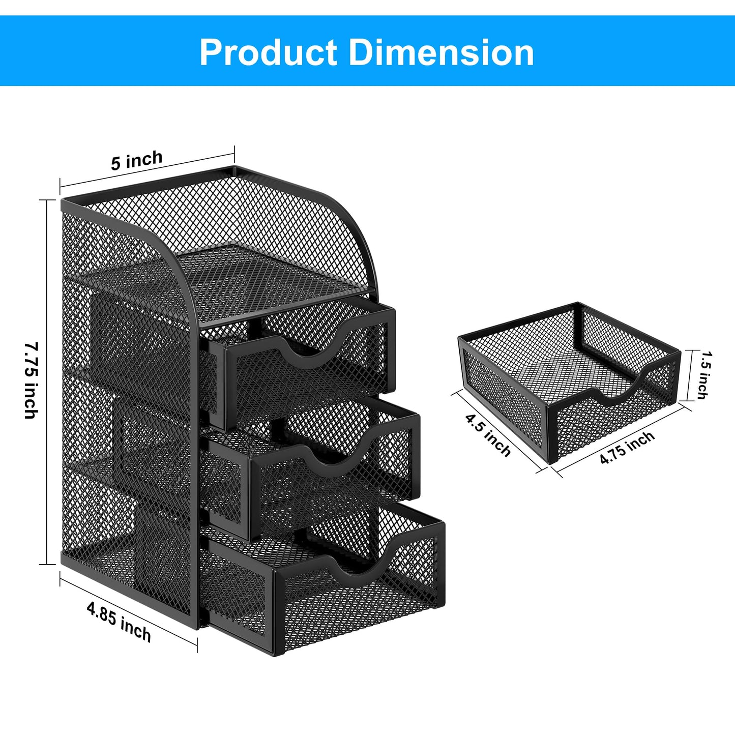 EasyPAG Mesh Desk Organizer with 3 Drawer Office Desktop Organizers and Accessories Stationery Caddy for Office, Home, Students, Black