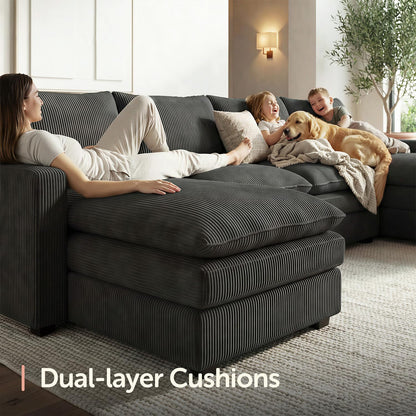 HONBAY 97.6 Inch Corduroy Cloud Modular Sectional Sofa with Chaise, Deep Seat L-Shaped Couch with Storage for Living Room, Apartment, Small Space,Grey