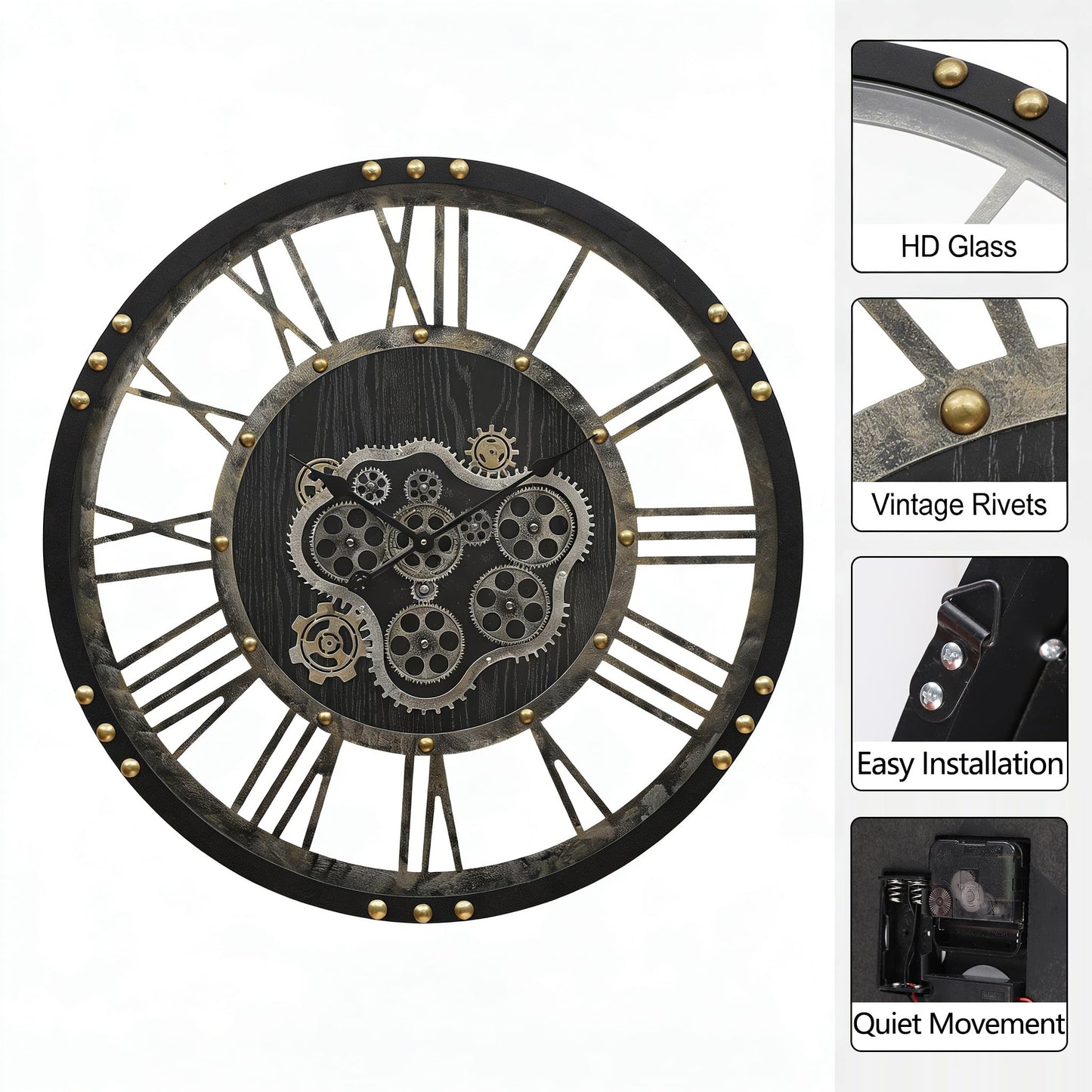 AMAATE Steampunk Wall Clock with Moving Gears, Kinetic Mechanical Industrial Design, Retro Distressed Iron Finish, Dynamic Art for Living Room and Bar Decor, 32 Inch