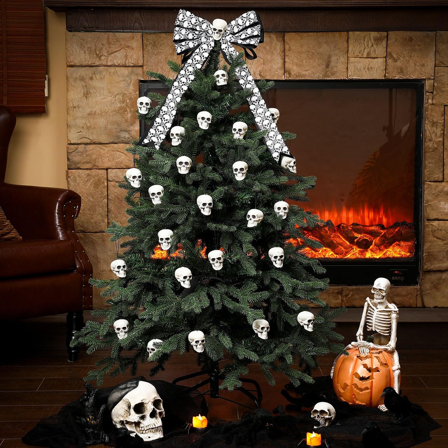 Skull Christmas Ornaments Gothic Tree Topper Spooky Christmas Decorations 1 Pcs Large Skull Tree Topper Bow and 24 Pcs Small Plastic Skeleton Head Hanging Ornament for Xmas Front Door Outdoor