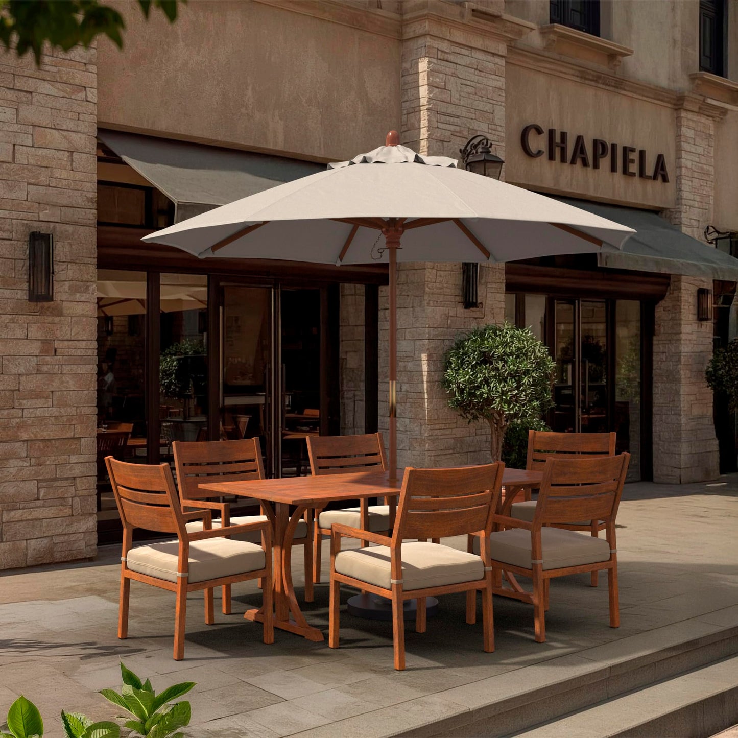 California Umbrella 9' Premium Commercial Hardwood Patio Umbrella, Manual Lift With Sunbrella Natural Fabric