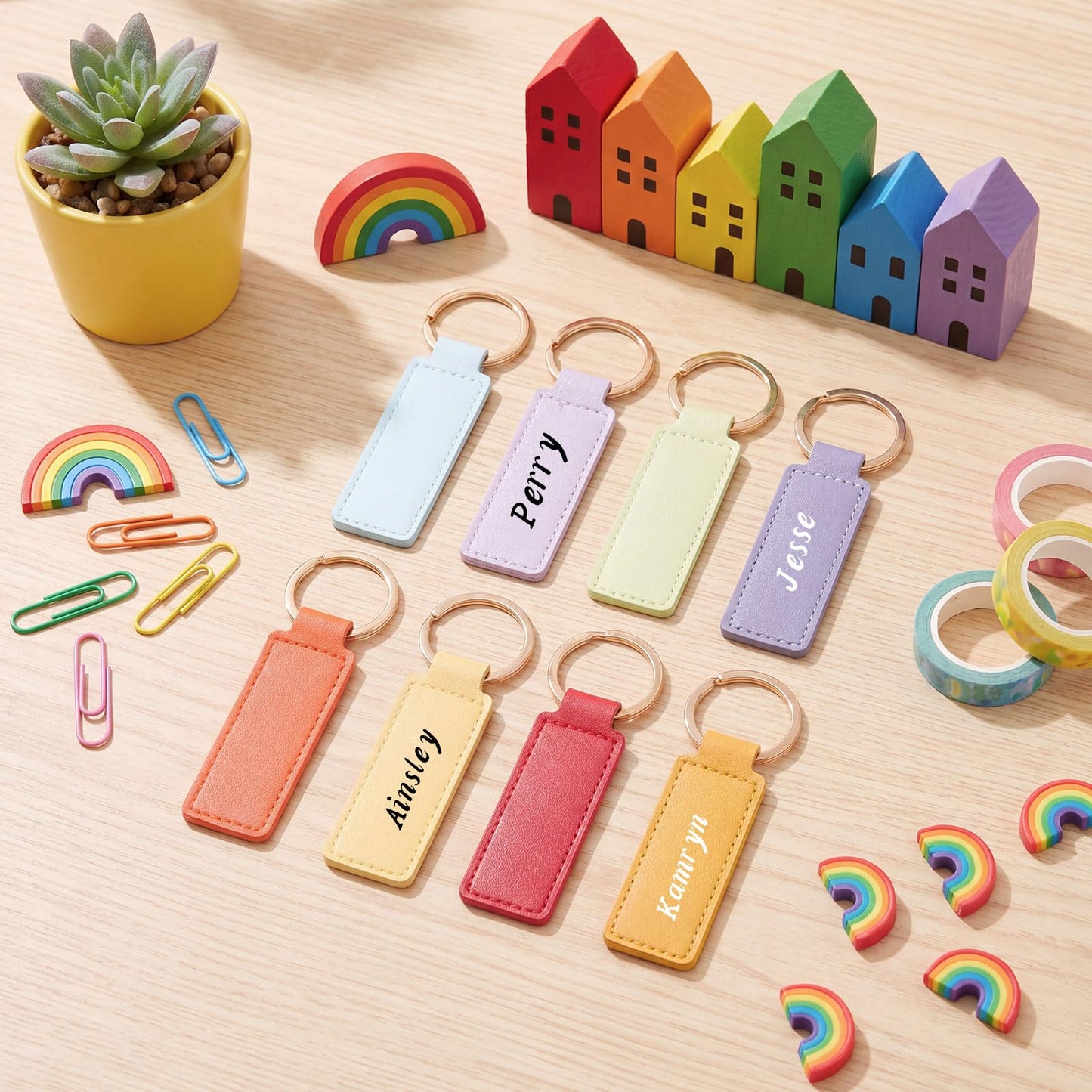 Wavyknot 48 Pcs Leather Keychains Blank Bulk PU Leather Laser Engraving Keychains for Men Women Birthday Party Gifts (Vibrant Color)