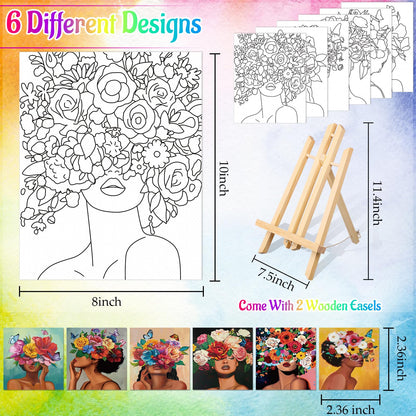 AmazingSpark 6 Set Paint and Sip Kit for Adults 8"x 10" Pre Drawn Canvas for Painting DIY Acrylic Paint Set Canvas Panels Wood Easel, 24 Colors 60ml 2oz Date Night Easter Party Favors(Art Lady)