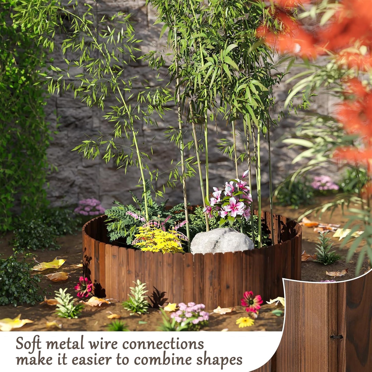 Wood Garden Edging Border, No Dig Landscape Edging, Decorative Flower Bed Border, 11.8" H x 48" L (1 Pack)