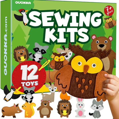 QUOKKA Kids Crafts Ages 4-8, DIY Beginner Needle and Thread Kit - 12 Wild Animals Sewing Kit Basic - Fun Arts Crafts for Kids Ages 6-8 Girls Boys - Plastic Needles, Scissors - 6+ Year Old Girl Gifts