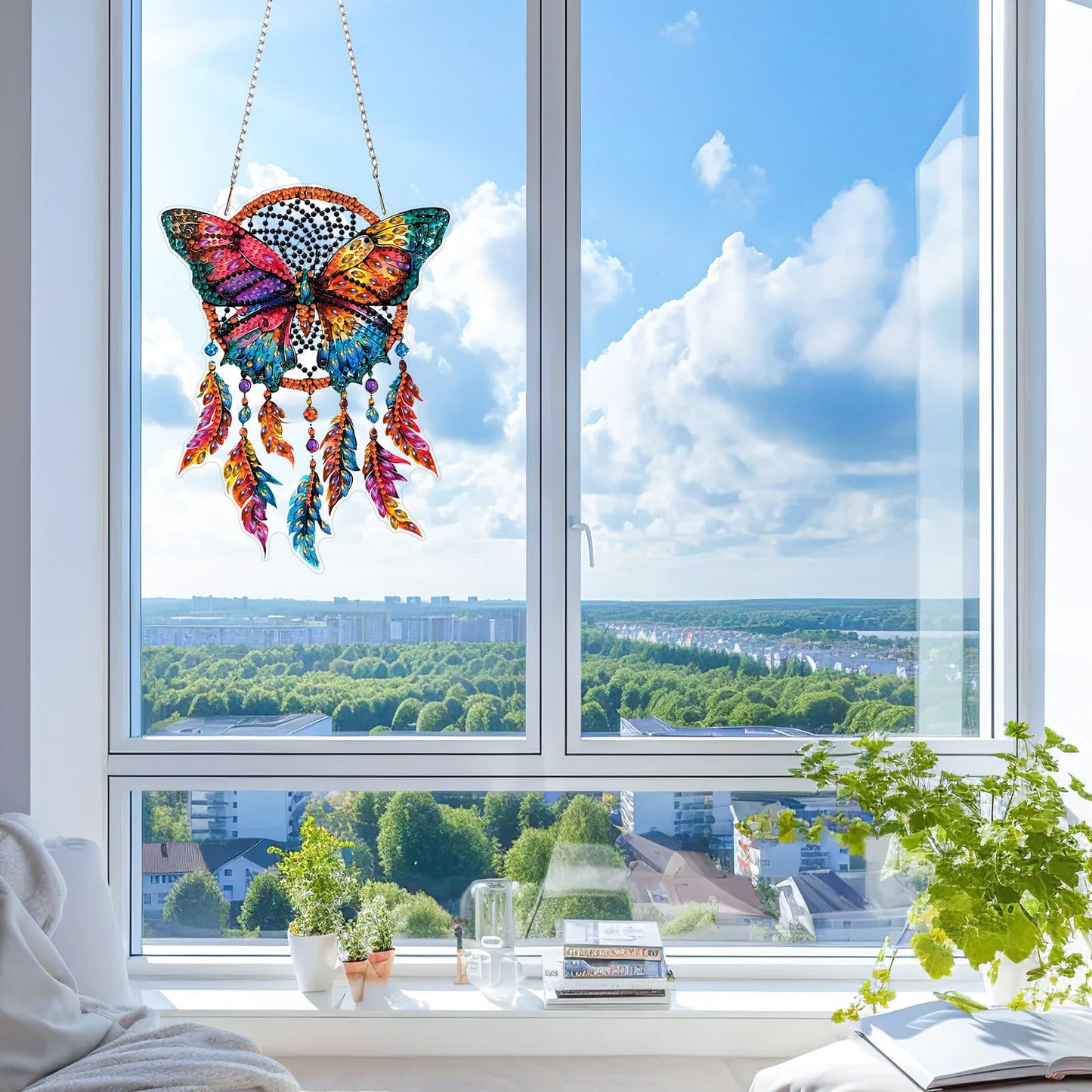 KEYIFA Butterfly Diamond Art Hanging Kits with Chain, Special Shaped Drill Diamond Painting Pendant, Dreamcatcher Crystal Gem Art Pendant 5D Window Crafts for Wall Garden Door Decor, Width 7.9inch