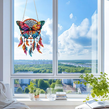 KEYIFA Butterfly Diamond Art Hanging Kits with Chain, Special Shaped Drill Diamond Painting Pendant, Dreamcatcher Crystal Gem Art Pendant 5D Window Crafts for Wall Garden Door Decor, Width 7.9inch